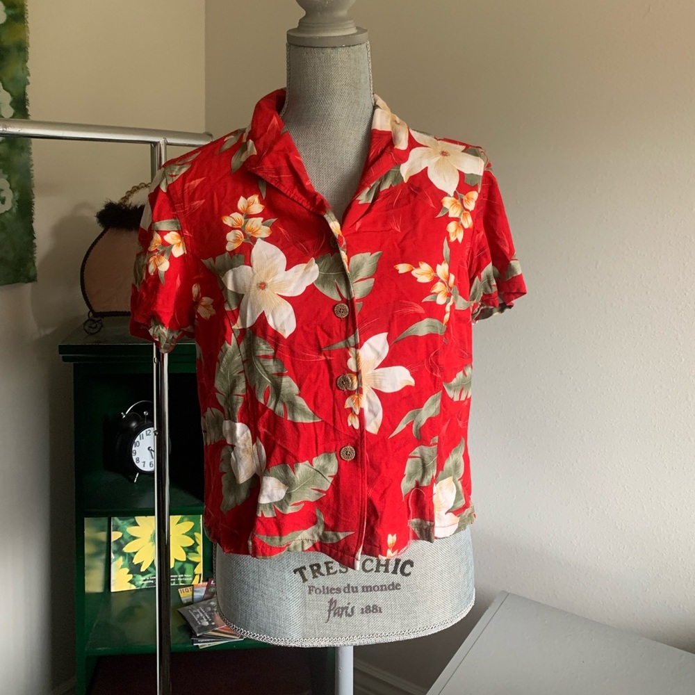Caribbean joe red floral tropical shirt petite large